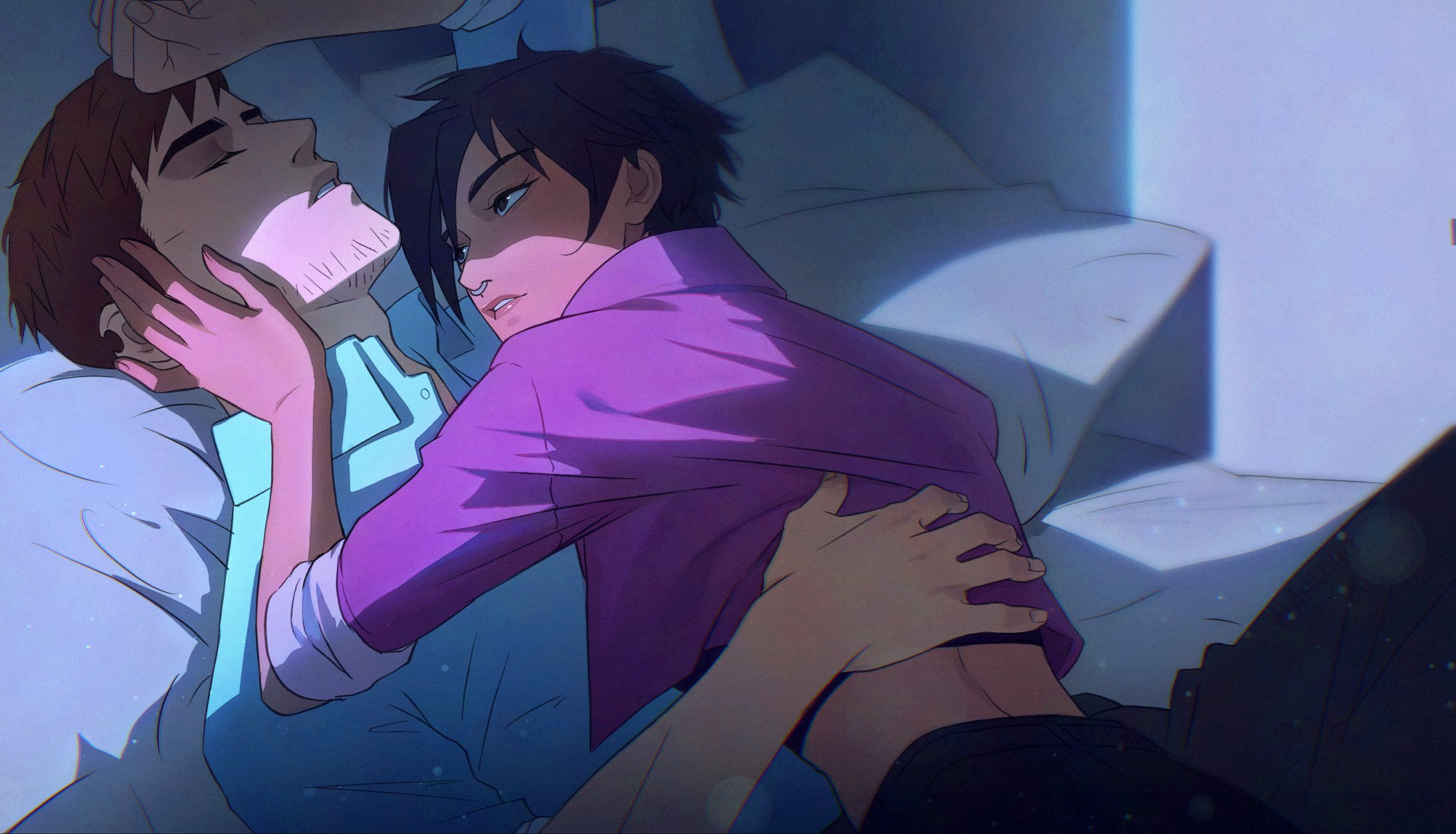 niahti, invisigal (dispatch), robert robertson, dispatch, hashtag-only commentary, highres, 1boy, 1girl, black hair, blue shirt, brown hair, closed eyes, collared shirt, face piercing, facial hair, hand on another's face, jacket, lips, looking at another, lying, midriff, nose piercing, on bed, piercing, pillow, pink jacket, shirt, sleeves rolled up