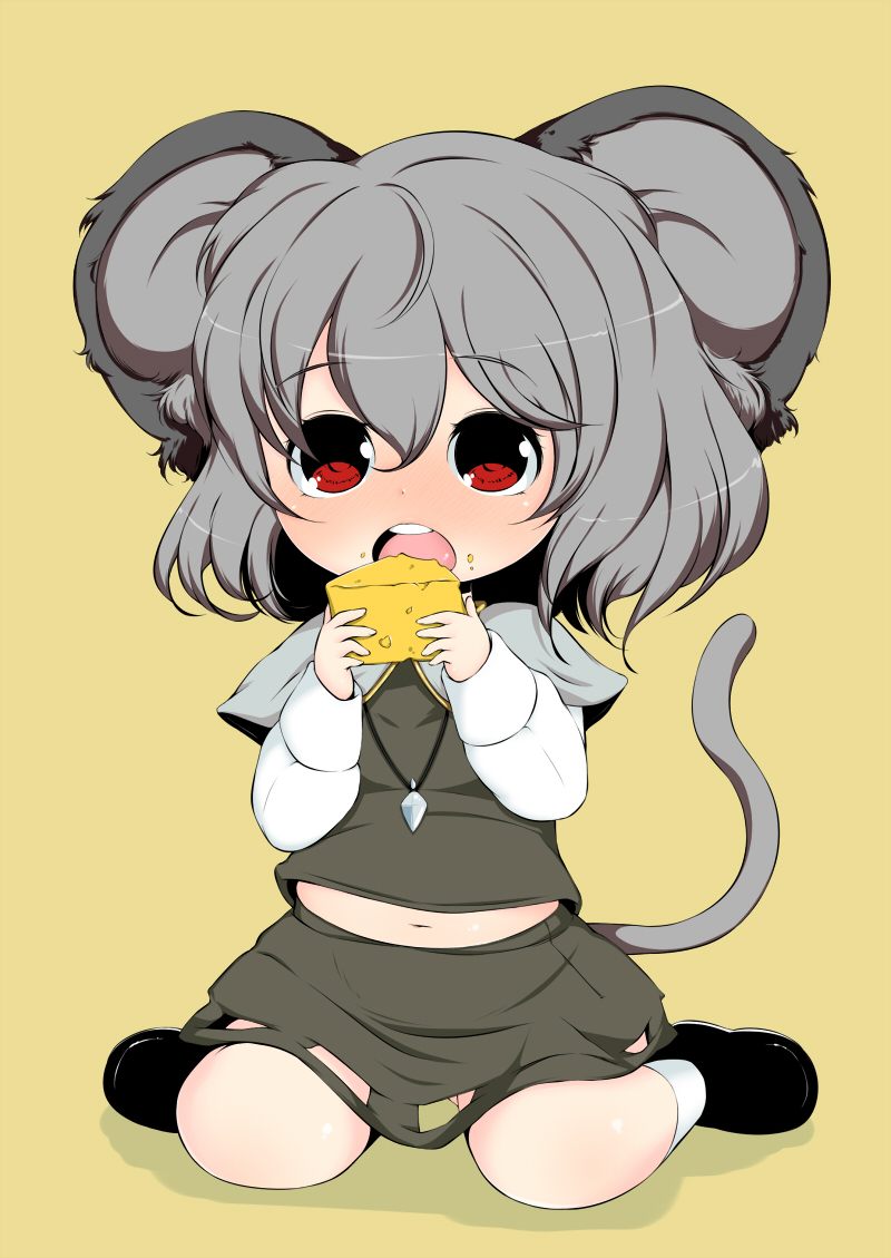 omiya (louise-louis-lucille), nazrin, touhou, 1girl, animal ears, belly, cheese, eating, female focus, food, grey hair, jewelry, mouse ears, mouse tail, pendant, plump, red eyes, short hair, solo, tail