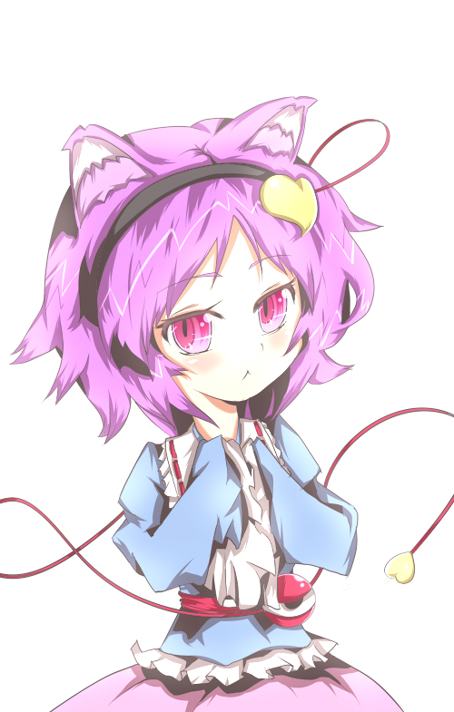 kimera, komeiji satori, touhou, bad id, bad pixiv id, 1girl, :<, animal ears, blush, cat ears, cat girl, female focus, hairband, heart, pink eyes, purple hair, short hair, simple background, solo, standing, white background