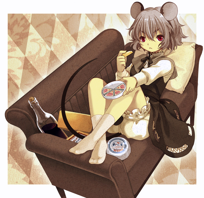 kondou (dioptrie), nazrin, touhou, bad id, bad pixiv id, 1girl, :<, animal ears, bloomers, cheese, couch, crossed legs, feet, female focus, food, full body, grey hair, jewelry, lying, mouse ears, mouse tail, pendant, red eyes, short hair, socks, solo, tail, underwear