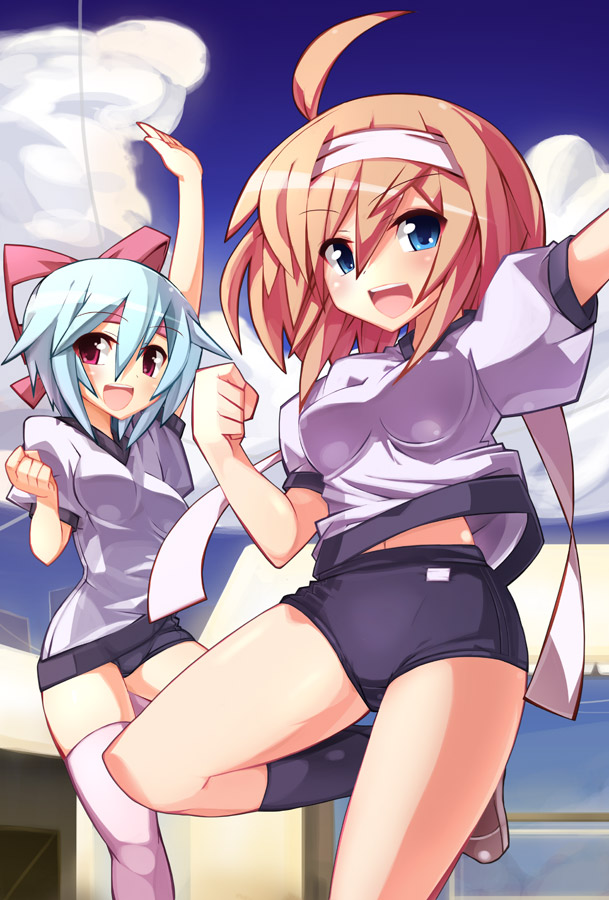 ooyama kina, 2girls, ahoge, blonde hair, blue eyes, blue hair, buruma, gym uniform, hair ribbon, multiple girls, red eyes, ribbon, thighhighs