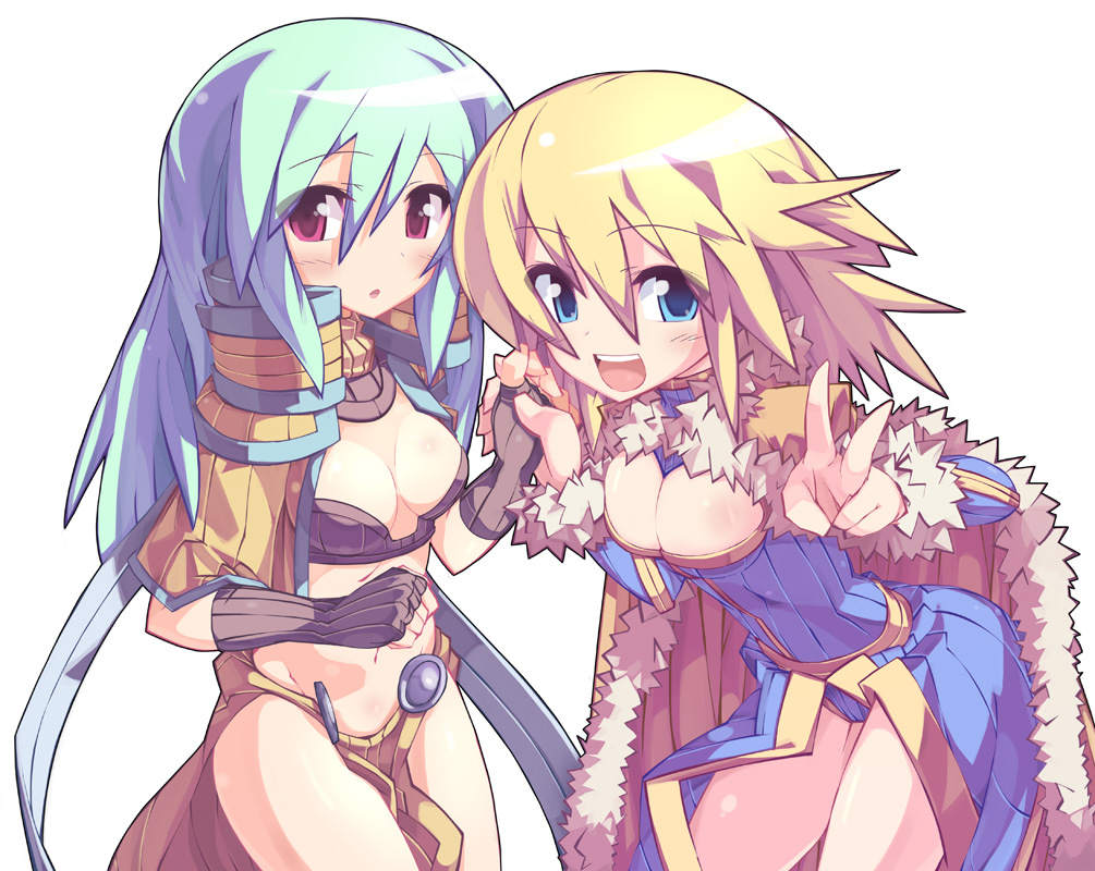 ooyama kina, sage (ragnarok online), wizard (ragnarok online), ragnarok online, 2girls, blonde hair, blue eyes, blue hair, holding hands, multiple girls, red eyes, v, wizard