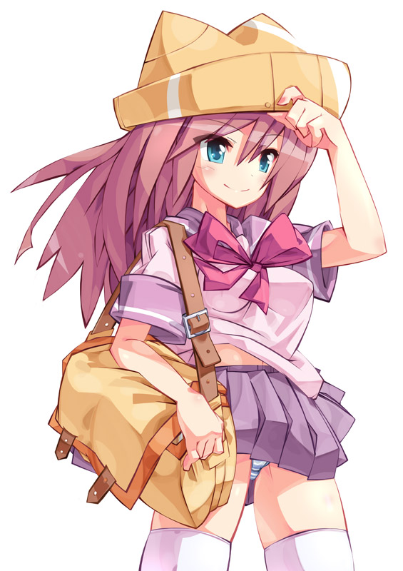 ooyama kina, 1girl, blue eyes, female focus, hat, panties, pantyshot, pink hair, school uniform, solo, striped clothes, striped panties, thighhighs, underwear
