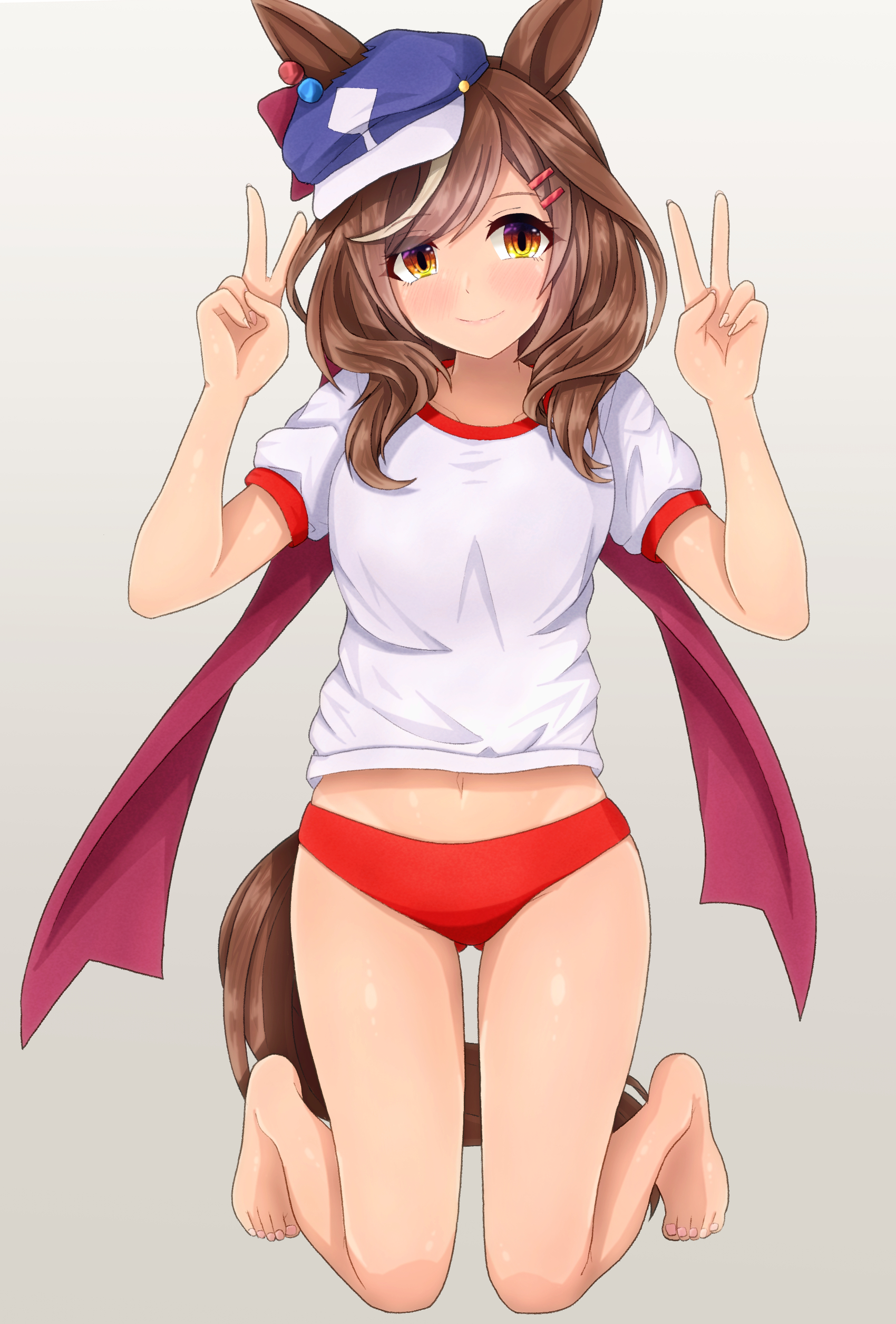 m172/minatsu, matikanetannhauser (umamusume), umamusume, absurdres, commentary request, highres, 1girl, alternate costume, barefoot, bloomers, blush, breasts, brown eyes, brown hair, buruma, collarbone, double v, full body, gym uniform, hair between eyes, hair ornament, horse girl, kneeling, medium breasts, medium hair, navel, smile, solo, underwear, v, white background