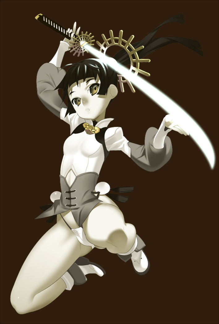 tensugi takashi, original, bad id, bad pixiv id, 1girl, female focus, full body, monochrome, simple background, solo, spot color, sword, weapon