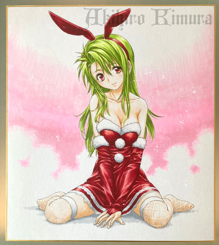 kimura akihiro, 1girl, animal ear hairband, animal ears, bare shoulders, breasts, christmas, cleavage, closed mouth, collarbone, dress, emerald dragon, fake animal ears, fishnet thighhighs, fishnets, full body, green hair, hairband, hat, long hair, looking at viewer, santa costume, santa dress, santa hat, smile, solo, tamrin (emerald dragon), thighhighs