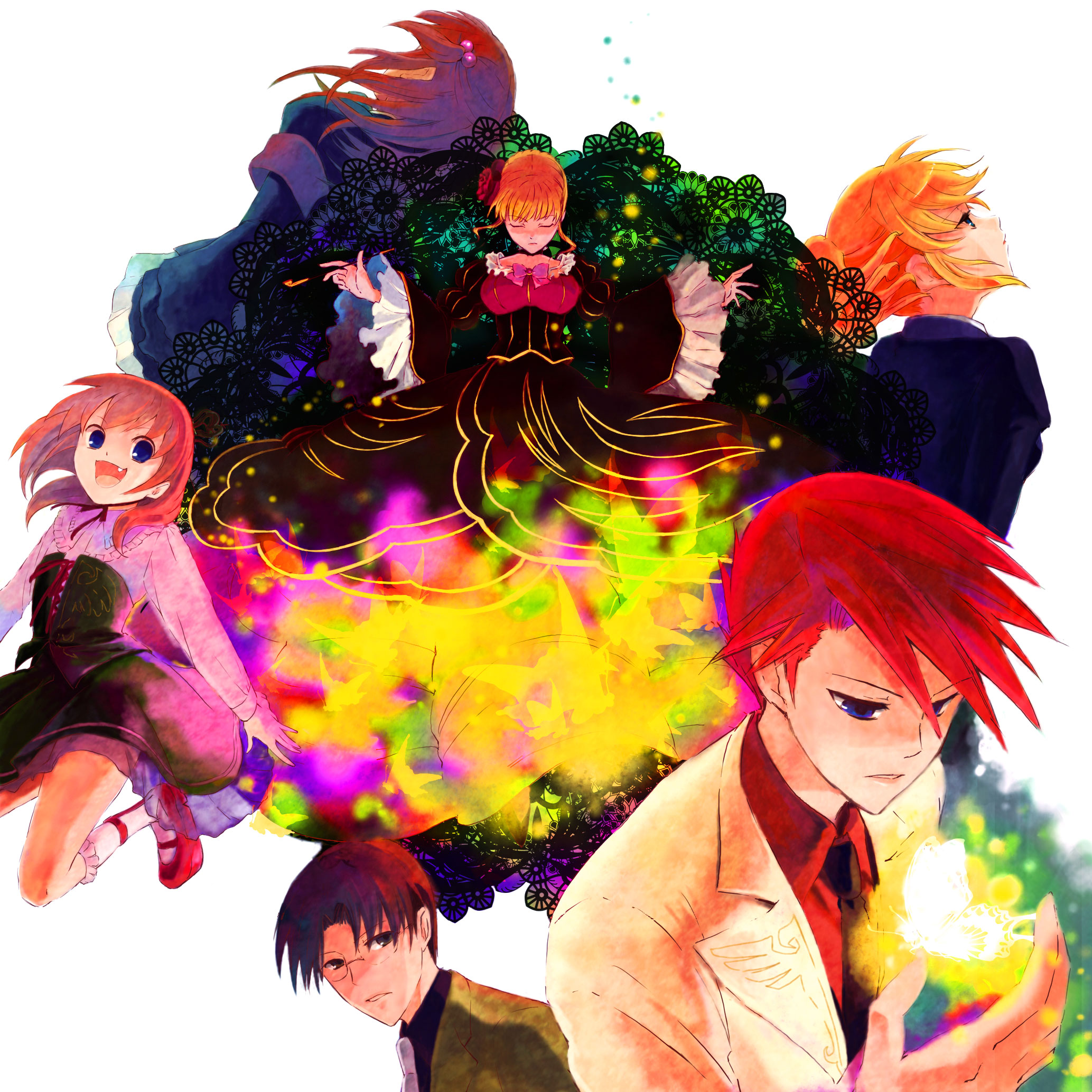 yamato (inraitei), beatrice (umineko), ushiromiya ange, ushiromiya battler, ushiromiya george, ushiromiya jessica, ushiromiya maria, umineko no naku koro ni, highres, 00s, 2boys, 4girls, armband, black hair, blonde hair, blue eyes, bug, butterfly, choker, dress, frills, glasses, hair bobbles, hair ornament, insect, jacket, kiseru, multiple boys, multiple girls, necktie, orange hair, ponytail, red hair, short hair, smoking pipe, twintails