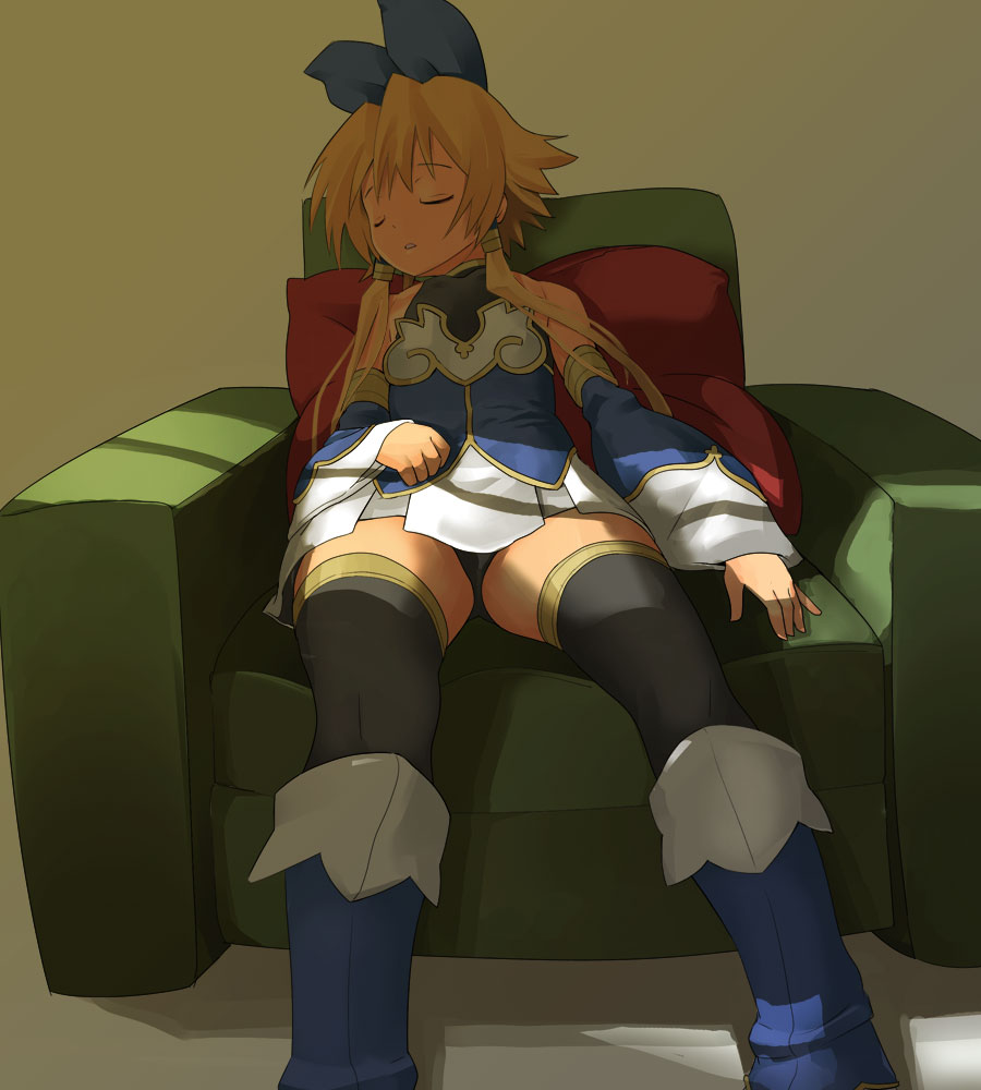 anshinmama, sum, meryl star, hizashi no naka no real, shinrabanshou, 1girl, blonde hair, boots, bow, chair, female focus, parody, sitting, sleeping, solo, thighhighs, twintails