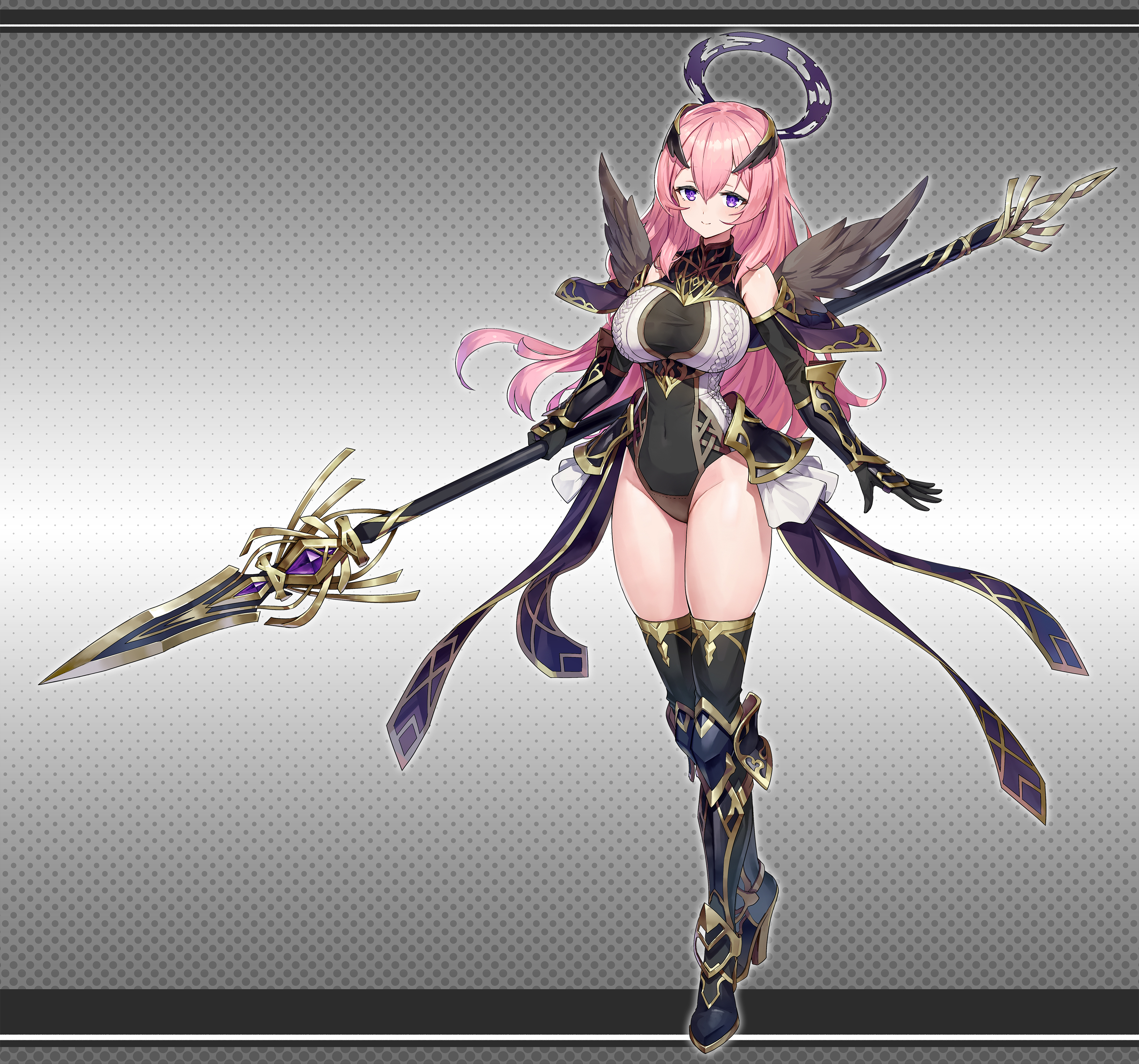 mytea (soso), original, absurdres, commission, highres, skeb commission, 1girl, armor, bare shoulders, black gloves, black leotard, borrowed character, breasts, covered navel, dark halo, elbow gloves, feathered wings, full body, gloves, greaves, grey wings, halo, high heels, highleg, highleg leotard, holding, holding polearm, holding weapon, large breasts, leg armor, leotard, long hair, looking at viewer, multicolored leotard, pink hair, polearm, poleyn, purple eyes, smile, spear, standing, vambraces, weapon, white leotard, wings