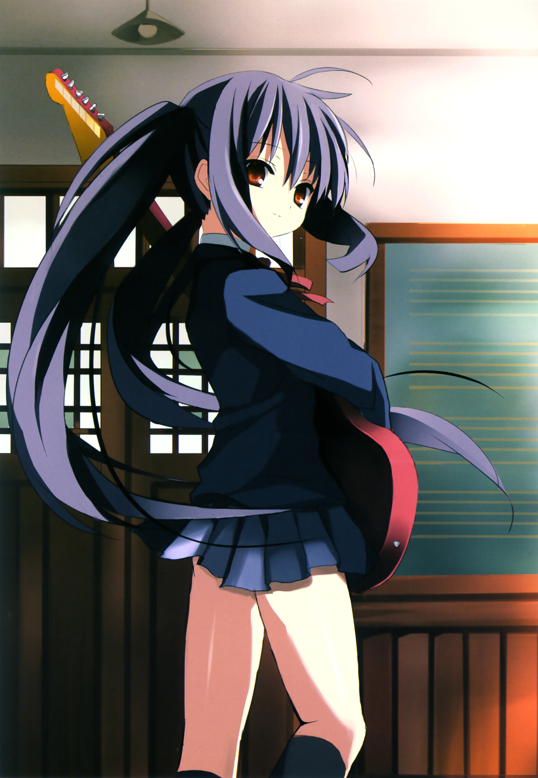 shino (eefy), nakano azusa, k-on!, absurdres, highres, 00s, 1girl, ass, black hair, blazer, brown eyes, female focus, guitar, indoors, instrument, jacket, long hair, looking back, mustang (guitar), school uniform, skirt, smile, socks, solo, twintails