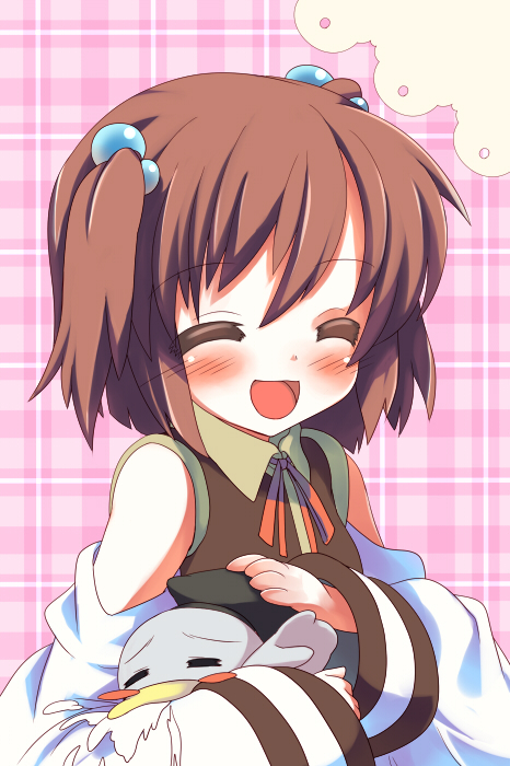 ratenn, sora to umi, ah-kun, nijihara ink, moetan, 00s, blush, brown hair, detached sleeves, hair bobbles, hair ornament, short hair, solo, twintails, two side up