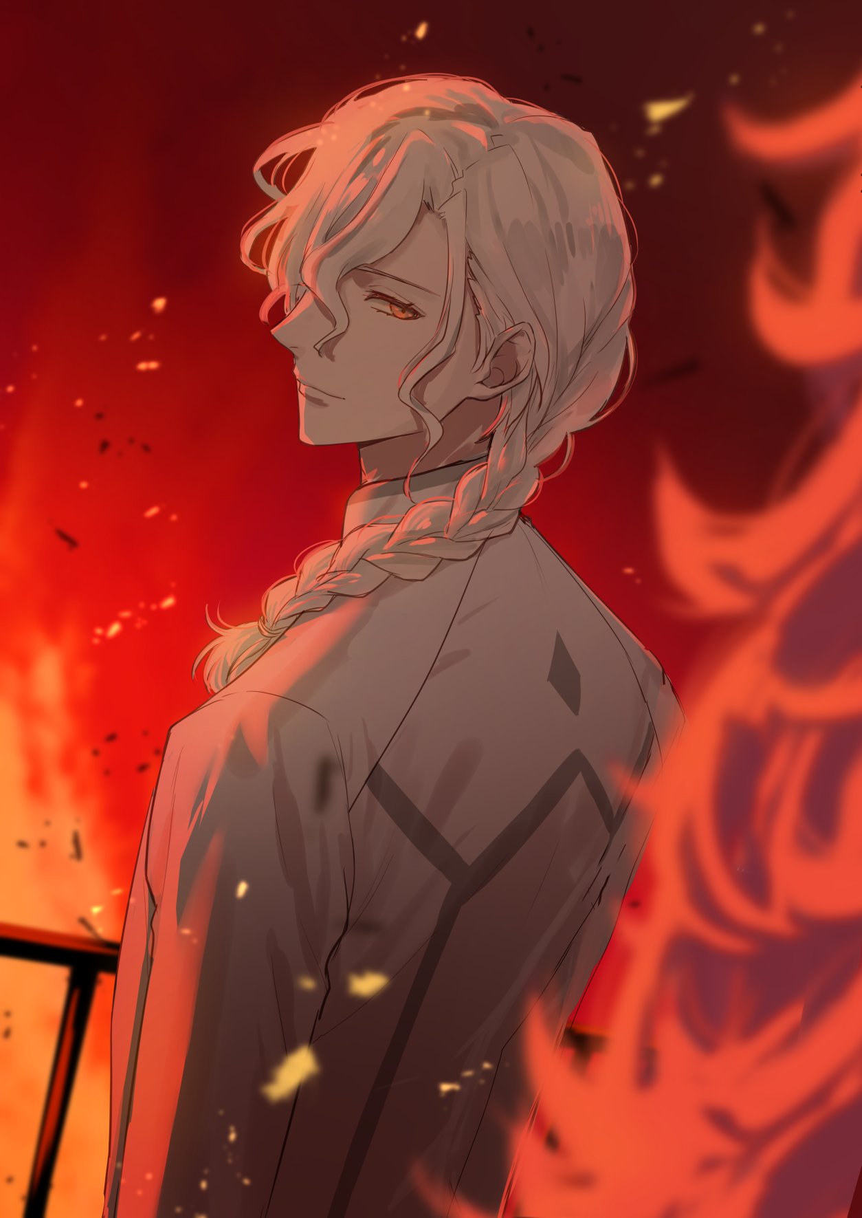 fujinari takumi, marisbury animusphere, solomon (fate), fate/grand order, fate (series), commentary request, highres, 2boys, blurry, braid, closed mouth, coat, depth of field, embers, from behind, hair between eyes, hair over shoulder, light smile, long hair, long sleeves, looking at viewer, male focus, medium hair, multiple boys, parted bangs, railing, single braid, solo focus, upper body, white coat, white hair, yellow eyes