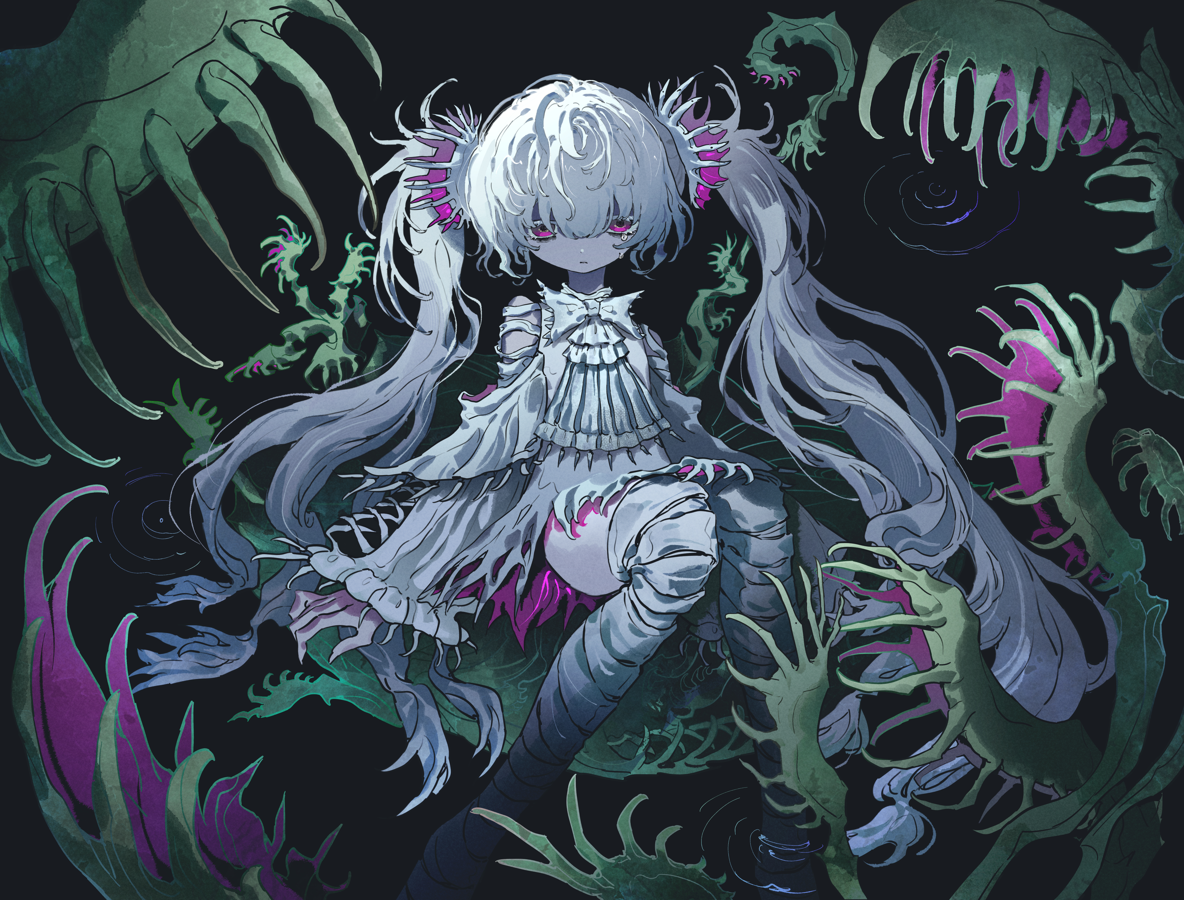 lankilanki, hatsune miku, vocaloid, absurdres, commentary request, highres, 1girl, alternate costume, bandaged leg, bandages, black background, dress, frown, gradient hair, grey hair, looking at viewer, multicolored hair, plant, red eyes, simple background, sitting, solo, thighs, torn clothes, venus flytrap, white dress, white hair