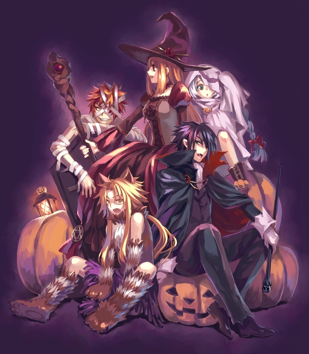 minami seira, original, silver hair, highres, 2girls, 3boys, animal costume, animal ears, bandages, black hair, blonde hair, braid, brown hair, cane, cape, fang, ghost, grin, halloween, hat, jack-o'-lantern, lantern, long hair, multiple boys, multiple girls, mummy, pointy hair, pumpkin, short hair, smile, spiked hair, staff, vampire, werewolf, witch, witch hat, wolf ears