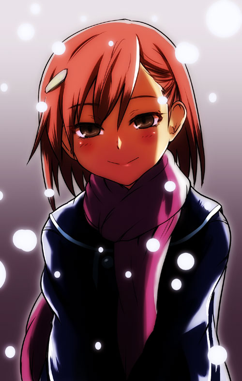 sakayama, sakayama shinta, misaka mikoto, toaru kagaku no railgun, toaru majutsu no index, 00s, 1girl, blush, bob cut, brown hair, female focus, gradient background, hair ornament, hairclip, red scarf, scarf, short hair, smile, snowflakes, solo