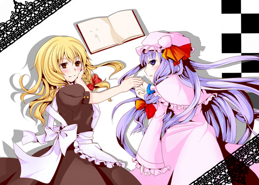 silentdin, kirisame marisa, patchouli knowledge, touhou, bad id, bad pixiv id, 2girls, blonde hair, blush, book, braid, female focus, hat, long hair, multiple girls, purple eyes, purple hair, ribbon, yellow eyes