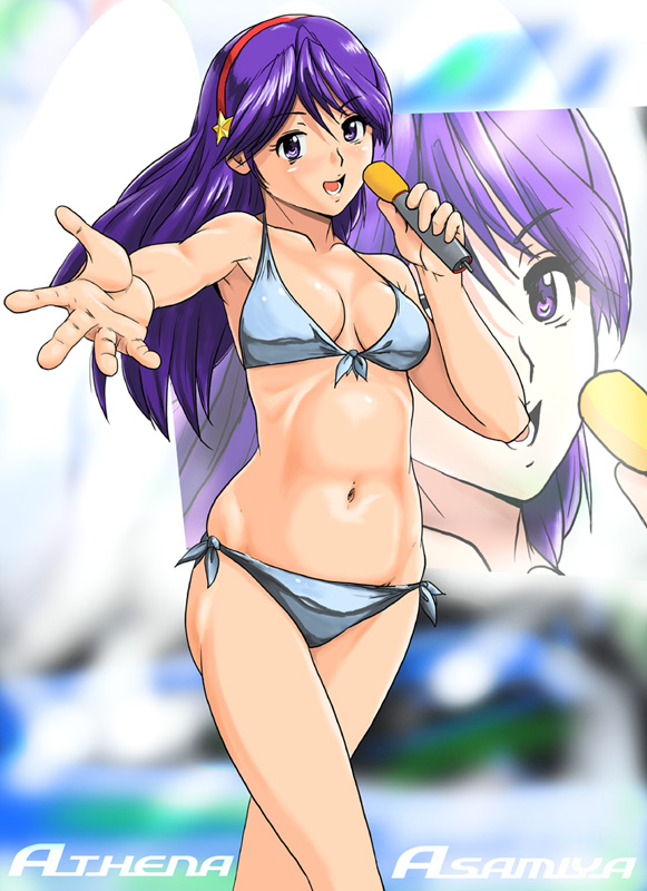 asamiya athena, psycho soldier, snk, the king of fighters, 1girl, bikini, breasts, cleavage, female focus, grin, legs, long hair, looking at viewer, microphone, music, navel, purple hair, singing, smile, solo, swimsuit