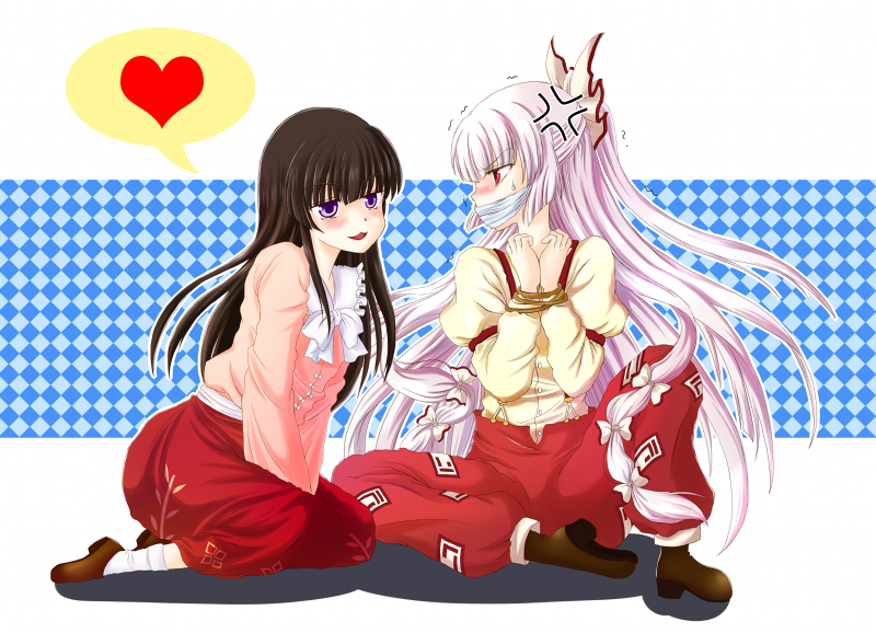 creamy mamiwo, fujiwara no mokou, houraisan kaguya, touhou, silver hair, 2girls, bdsm, black hair, bondage, bound, bow, cloth gag, female focus, gag, gagged, hair bow, hair ribbon, heart, improvised gag, long hair, multiple girls, red eyes, ribbon, suspenders