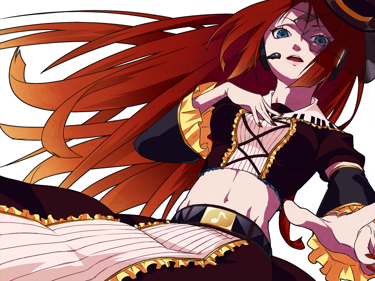 pizza (pizzania company), xpizzeriax, namine ritsu, utau, vocaloid, 1boy, detached sleeves, gothic lolita, green eyes, headphones, headset, lolita fashion, long hair, male focus, midriff, navel, red hair, simple background, solo, trap