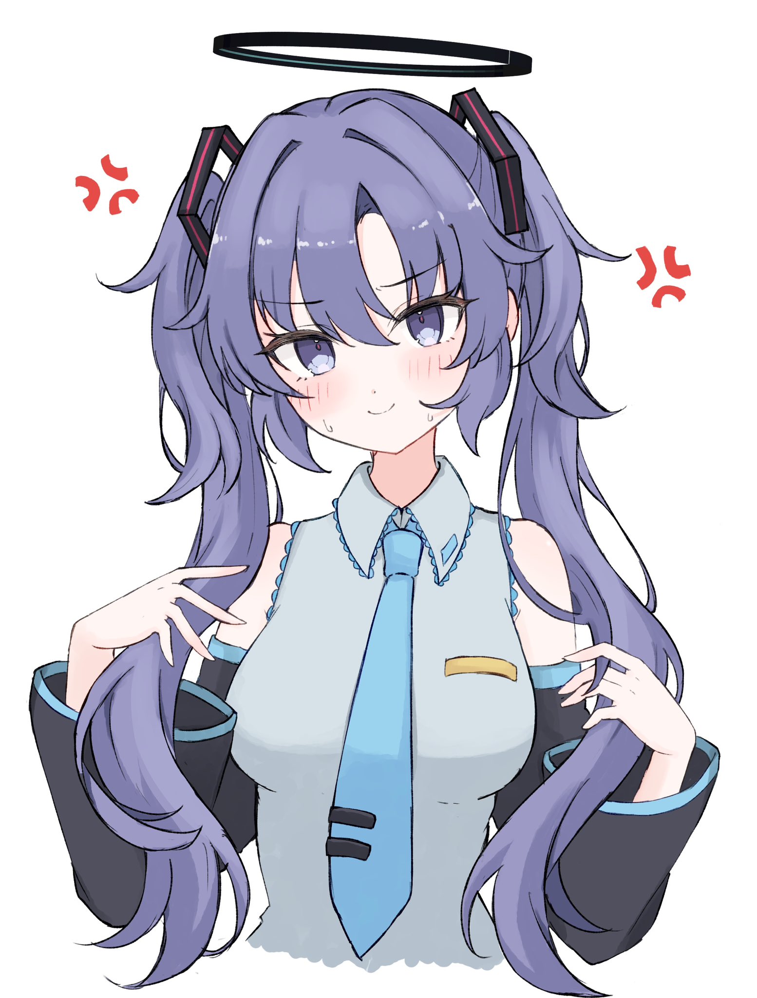 azuki (az my), hatsune miku, yuuka (blue archive), blue archive, vocaloid, commentary request, highres, 1girl, alternate costume, alternate hairstyle, anger vein, aqua trim, blue hair, blue necktie, blush, collared shirt, cosplay, cropped torso, detached sleeves, false smile, hair ornament, halo, hatsune miku (cosplay), light smile, long hair, looking at viewer, mechanical halo, necktie, purple hair, shirt, simple background, sleeveless, sleeveless shirt, smile, solo, triangle hair ornament, twintails, white background