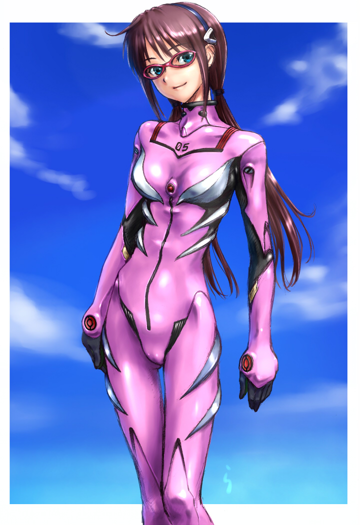 rasukaru, makinami mari illustrious, neon genesis evangelion, rebuild of evangelion, 00s, 1girl, ahoge, alternate breast size (smaller), blue eyes, bodysuit, breasts, cloud, day, female focus, glasses, gloves, grey hair, hairband, light smile, long hair, looking at viewer, low twintails, mecha pilot suit, outdoors, pink-framed eyewear, plugsuit (evangelion), scrunchie, sidelocks, skin tight, skinny, sky, small breasts, smile, solo, standing, thigh gap, turtleneck, twintails