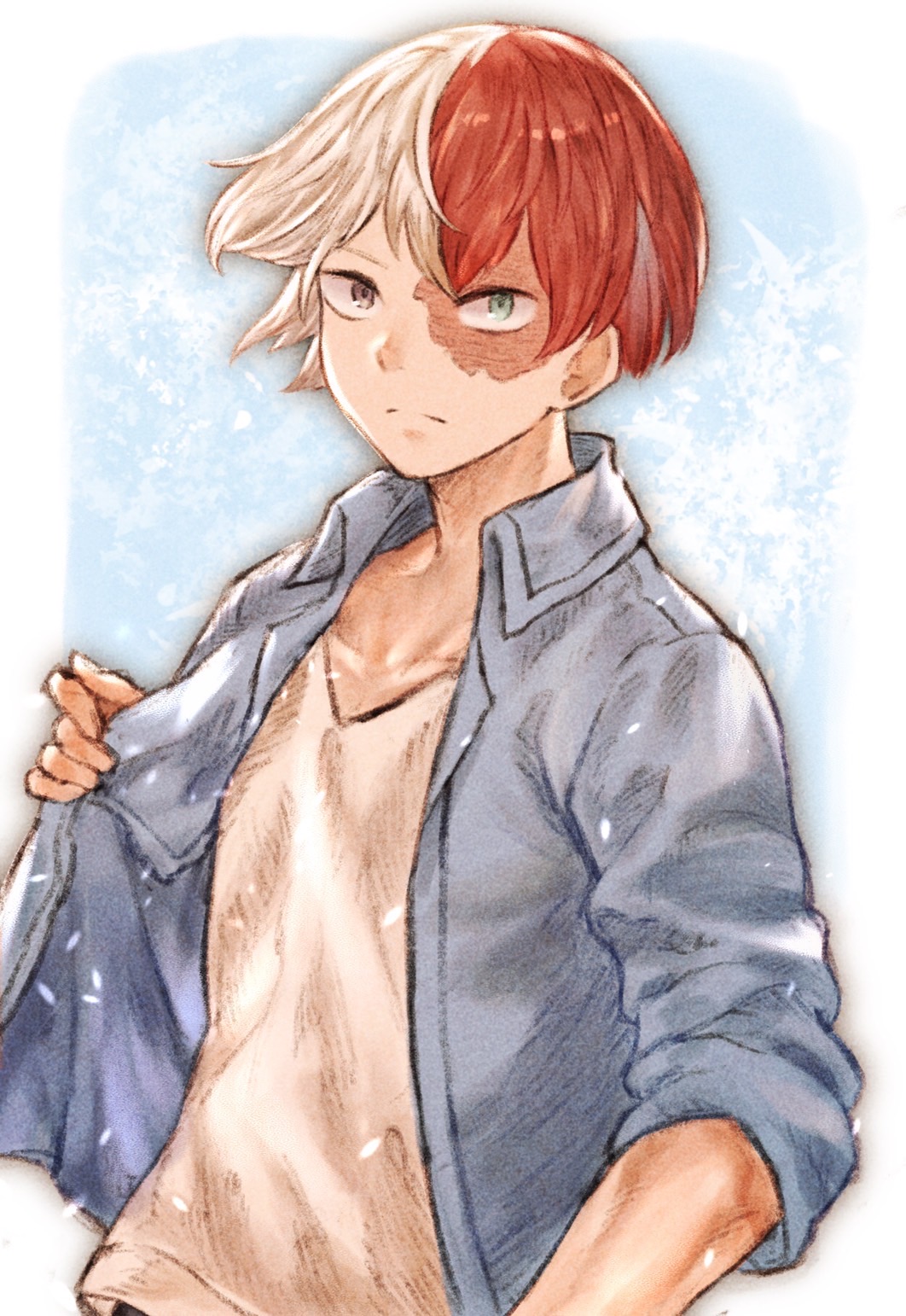 hakumai (hakumai art), todoroki shoto, boku no hero academia, commentary request, highres, 1boy, collarbone, collared shirt, heterochromia, looking at viewer, male focus, multicolored hair, open clothes, open shirt, scar, scar on face, shirt, solo, split-color hair, two-tone hair, upper body, white hair, white shirt