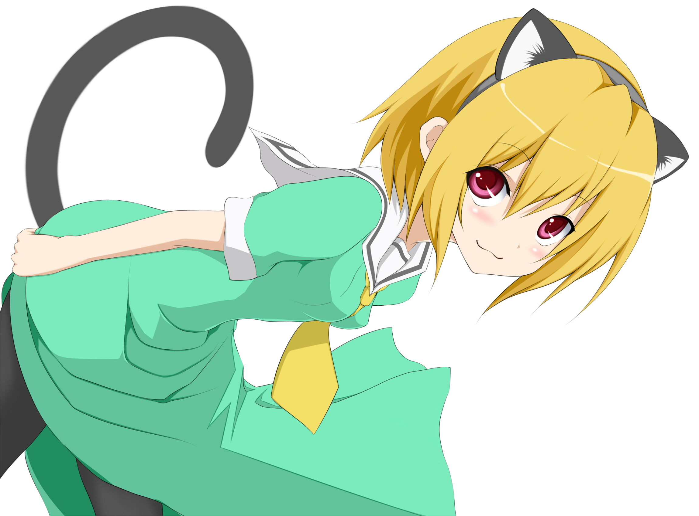 nemu (nebusokugimi), houjou satoko, higurashi no naku koro ni, no naku koro ni (series), highres, 00s, :3, animal ears, blonde hair, cat ears, cat tail, dress, hairband, pantyhose, red eyes, sailor dress, short hair, solo, tail