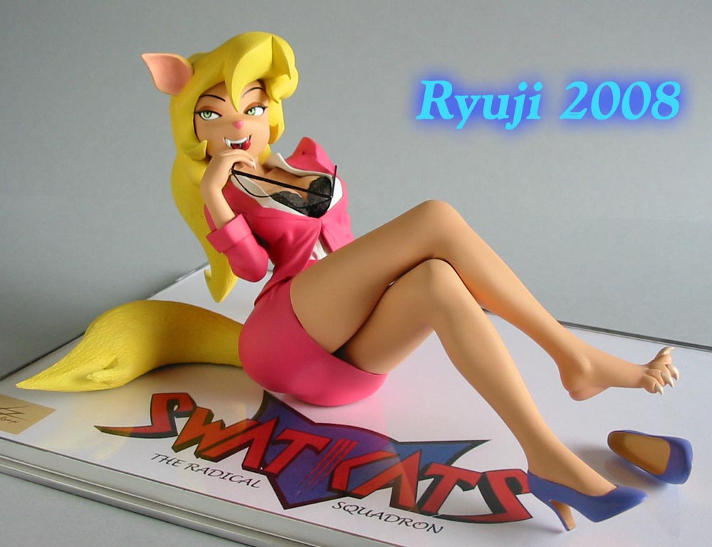 callie briggs, swat kats, animal ears, barefoot, blonde hair, bra, breasts, callie(swat kats), cat ears, cat tail, furry, glasses, green eyes, lingerie, long hair, open clothes, open mouth, open shirt, single shoe, skirt, solo, tail, teeth, tongue, underwear