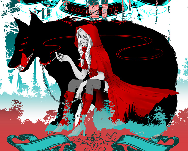 solid&etc, alucard (hellsing), big bad wolf, integra hellsing, hellsing, little red riding hood (fairy tale), red footwear, 1girl, blonde hair, boots, cape, cigar, collar, glasses, hood, monster, red cape, shoes, sitting, smoke, thighhighs, tongue, wolf