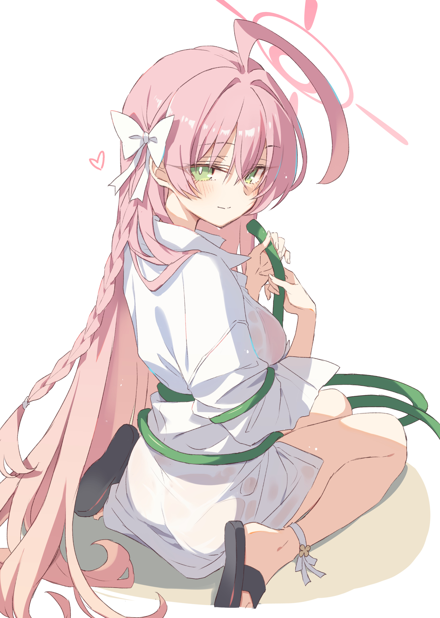 satou kibi, hanako (blue archive), hanako (swimsuit) (blue archive), blue archive, highres, 1girl, ahoge, ankle strap, bikini, bikini under clothes, black shoes, blush, bow, braid, from behind, green eyes, halo, heart, holding, holding hose, hose, huge ahoge, long hair, looking at viewer, looking back, official alternate costume, oversized clothes, oversized shirt, pink bikini, pink hair, pink halo, sandals, see-through clothes, see-through shirt, shirt, shoes, simple background, sitting, slides, smile, solo, swimsuit, wariza, wet, wet clothes, wet shirt, white background, white bow, white shirt