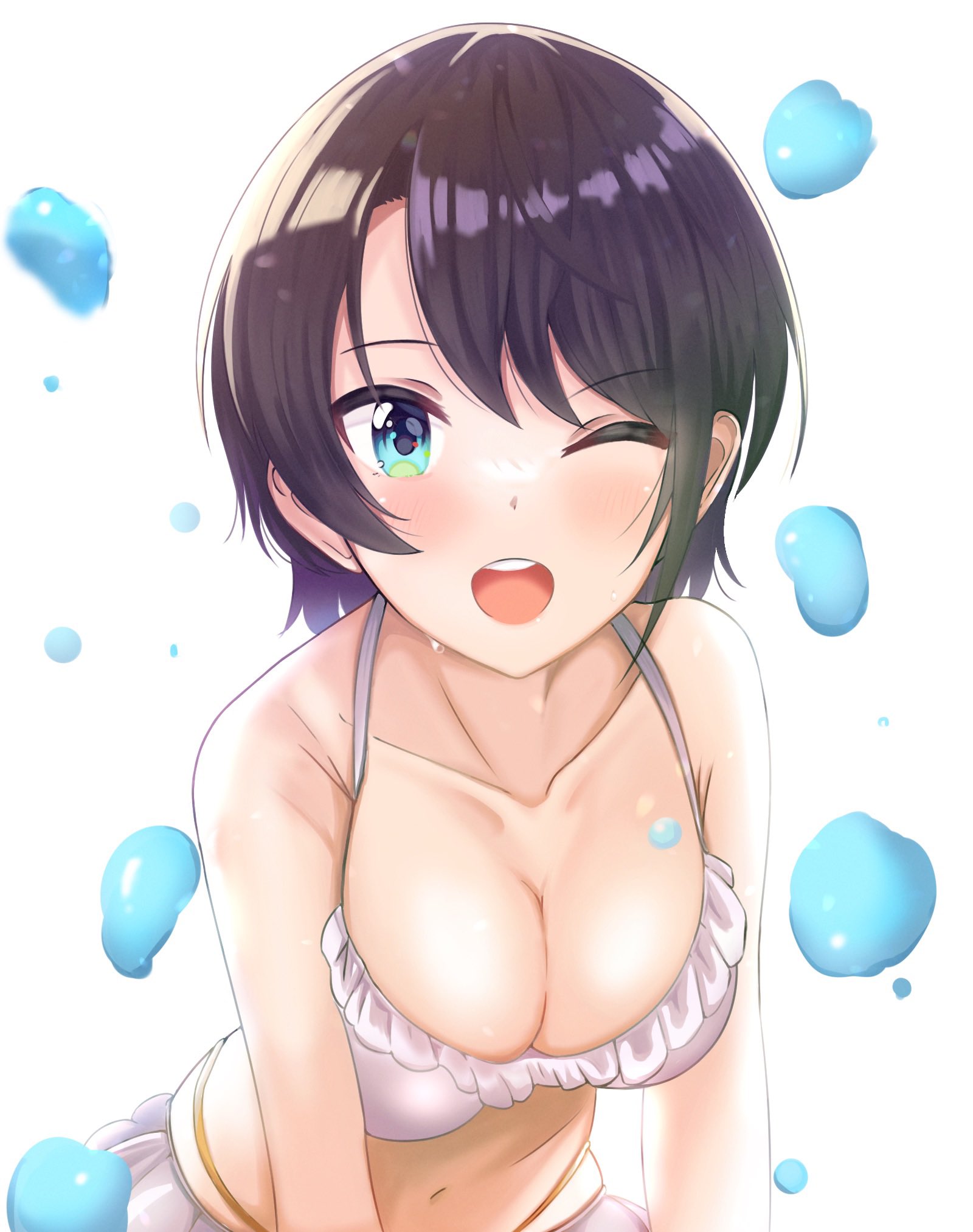 oozora subaru, hololive, highres, 1girl, ;d, bare shoulders, bikini, black hair, blue eyes, blush, breasts, cleavage, collarbone, curtained hair, frilled bikini, frills, large breasts, leaning, navel, nemonemo0806, one eye closed, open mouth, short hair, smile, solo, swept bangs, swimsuit, teeth, upper body, upper teeth only, virtual youtuber, water drop, white background, white bikini