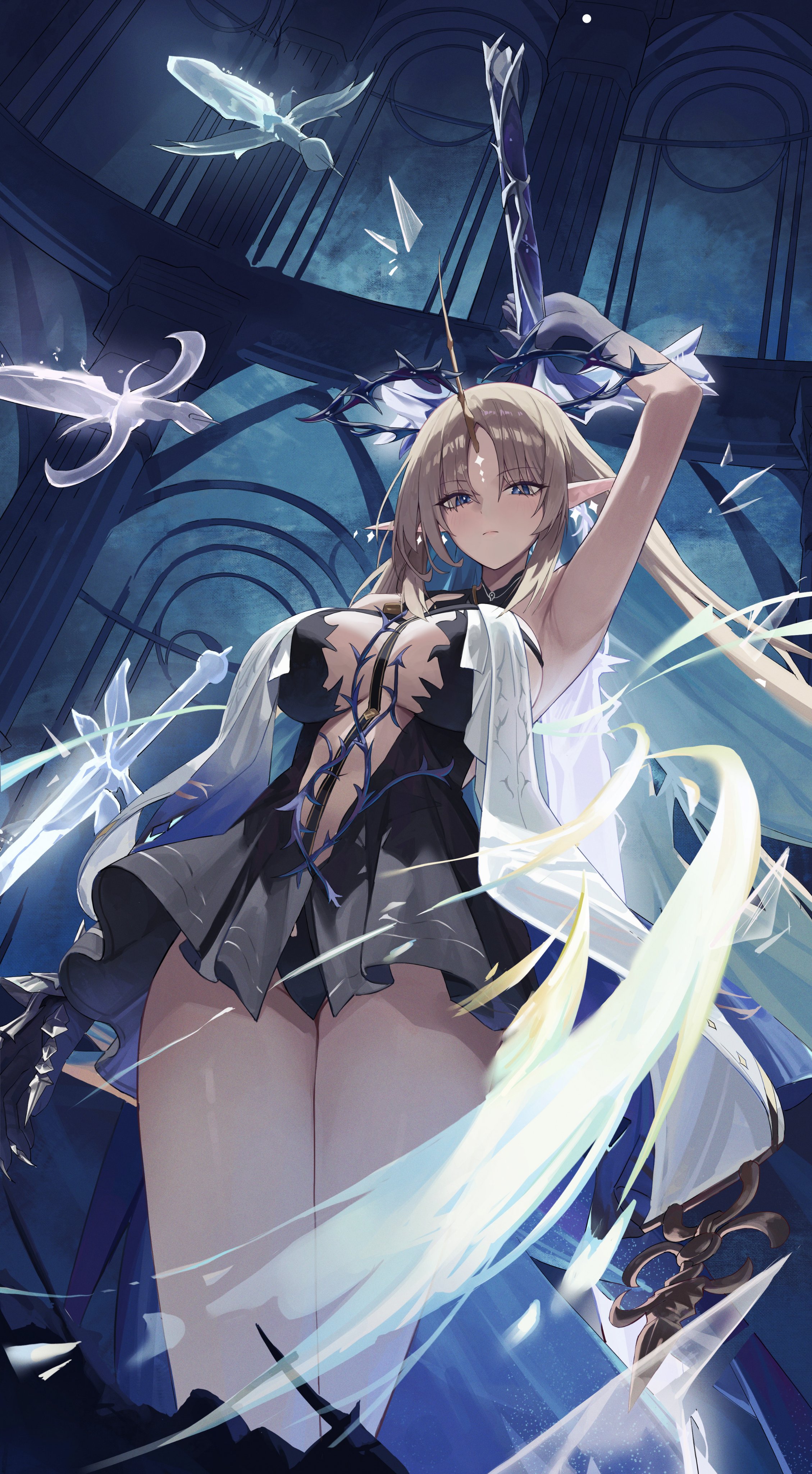 hikimori 1, fleurdelys (wuthering waves), wuthering waves, absurdres, commentary, hashtag-only commentary, highres, revision, 1girl, arm up, armpit crease, black collar, black dress, blonde hair, blue eyes, blurry, blurry background, blurry foreground, breast curtains, breasts, collar, crown, crown of thorns, dress, earrings, floating crown, floating earrings, from below, holding, holding sword, holding weapon, horns, jewelry, large breasts, long horns, multiple swords, pointy ears, single horn, solo, sword, tabard, weapon, white tabard