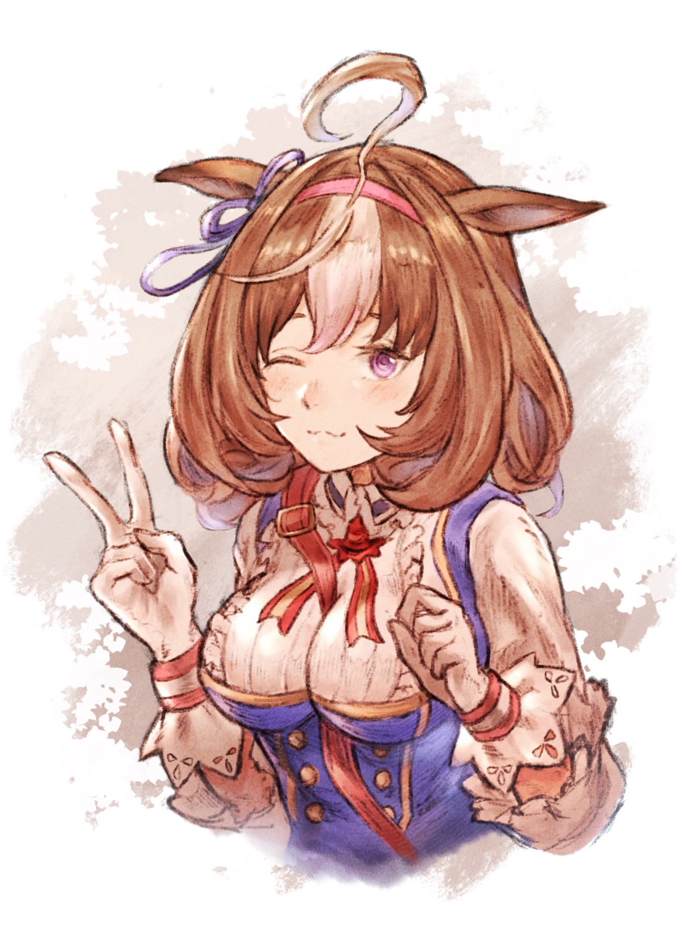 hakumai (hakumai art), meisho doto (umamusume), umamusume, highres, 1girl, :3, ahoge, animal ears, brown hair, gloves, hairband, horse ears, horse girl, looking at viewer, one eye closed, pink hairband, purple eyes, red ribbon, ribbon, shirt, solo, upper body, v, white gloves, white shirt