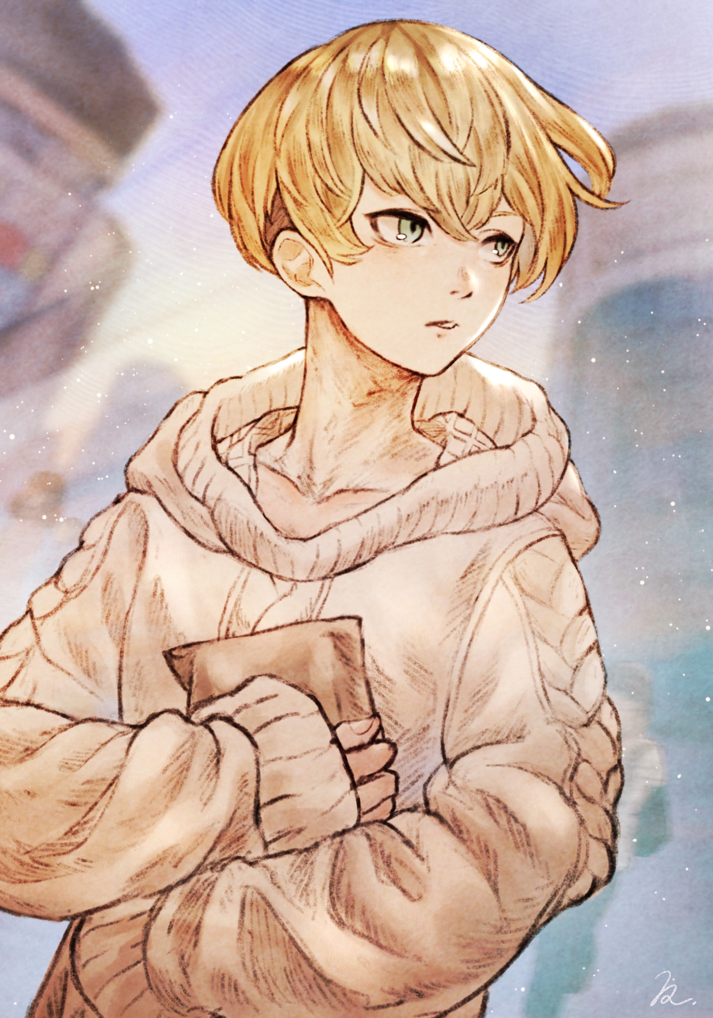 hakumai (hakumai art), matsuno chifuyu, tokyo revengers, commentary request, highres, 1boy, blonde hair, blurry, blurry background, collarbone, green eyes, hair between eyes, holding, light particles, long sleeves, looking to the side, male focus, parted lips, short hair, solo, sweater, upper body, white sweater