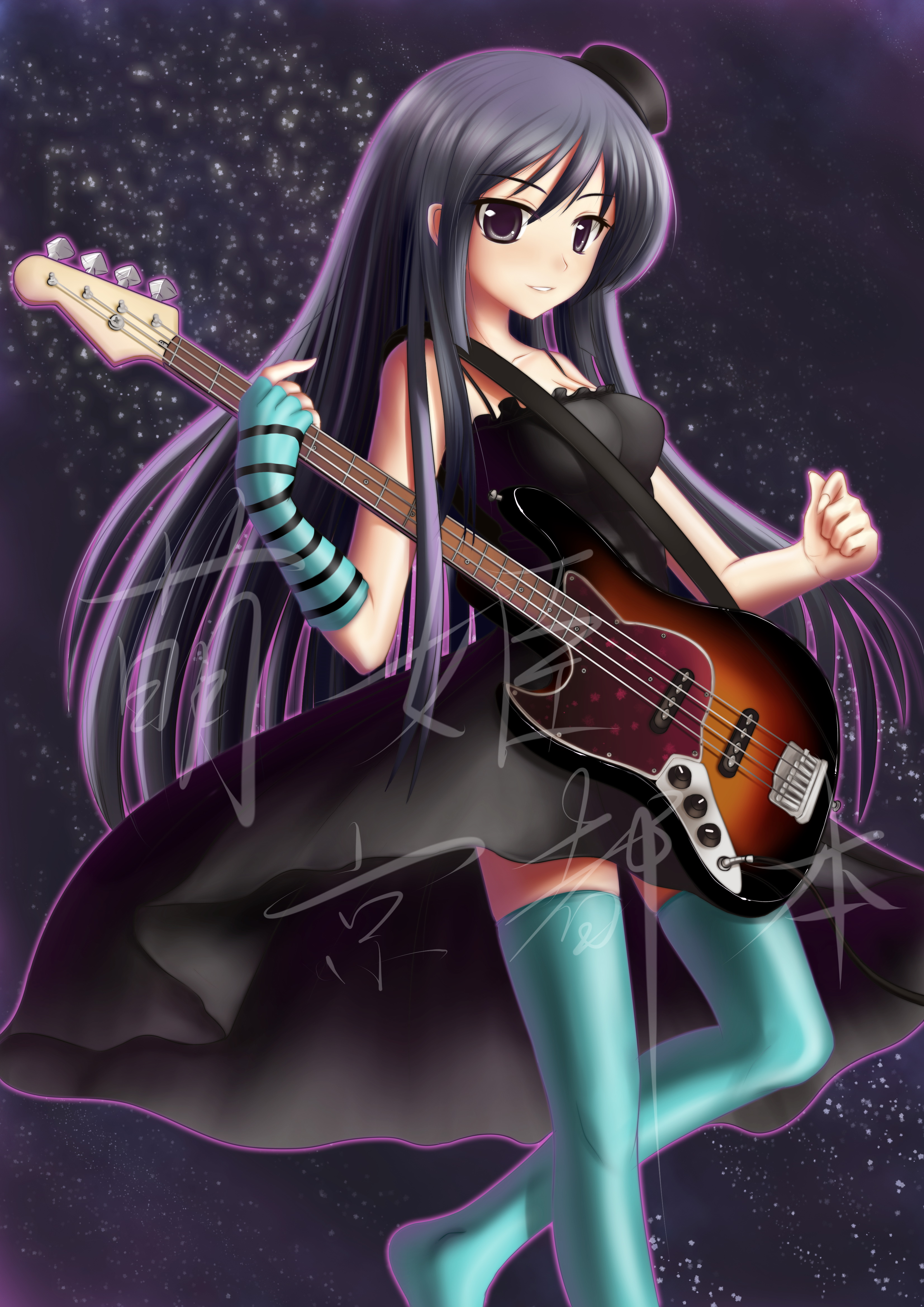 hei mao de zu ji, akiyama mio, don't say "lazy", k-on!, absurdres, highres, 00s, 1girl, artistic error, bass guitar, black eyes, black hair, breasts, dress, female focus, fingerless gloves, gloves, guitar, hat, instrument, long hair, solo, thighhighs, top hat