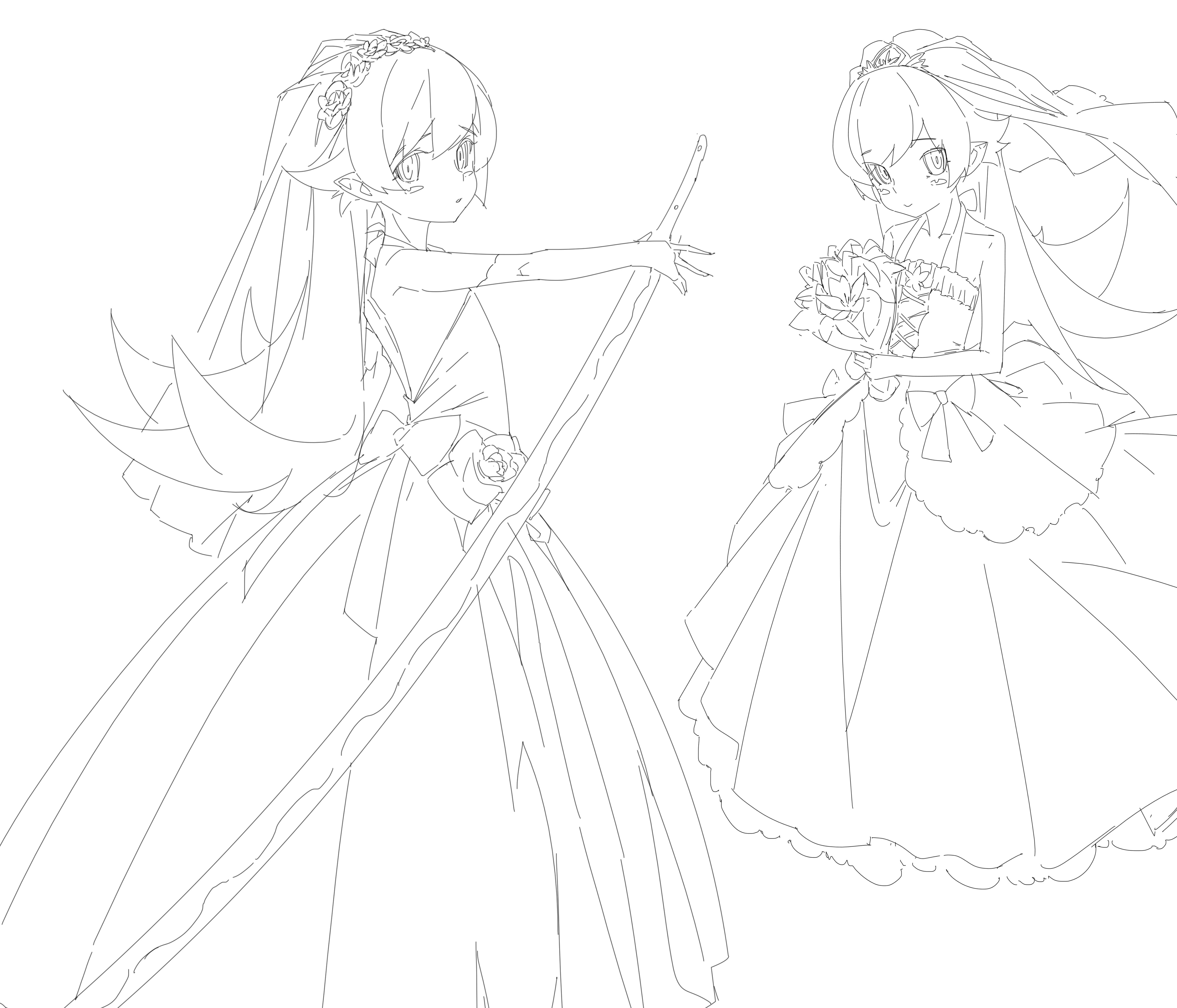 shishirui san, oshino shinobu, monogatari (series), absurdres, highres, 1girl, back bow, backless dress, backless outfit, blush stickers, bouquet, bow, bridal veil, center cross lace, collarbone, dress, dress bow, dress flower, elbow gloves, flat chest, flower, flower hairband, from side, full body, gloves, hair between eyes, hair flaps, halter dress, halterneck, hand up, holding, holding bouquet, holding sword, holding weapon, huge weapon, kokorowatari, layered dress, lineart, long hair, multiple views, ootachi, parted lips, petticoat, pointy ears, ringed eyes, simple background, sleeveless, sleeveless dress, square neckline, sword, tiara, two-handed, veil, very long hair, waist bow, weapon, wedding dress, white background