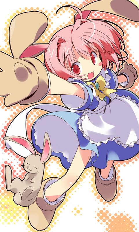 asoka, damien (ukagaka), mimimi (ukagaka), ukagaka, 1girl, animal ears, pink eyes, pink hair, rabbit, rabbit ears