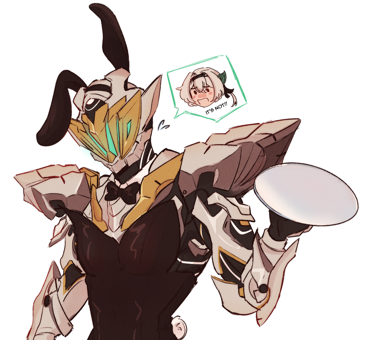 khyu, firefly (honkai: star rail), sam (honkai: star rail), honkai: star rail, honkai (series), 1girl, armor, black bow, black bowtie, black hairband, black leotard, black ribbon, blush, bow, bowtie, glowing headgear, green light, grey armor, grey hair, hair between eyes, hair intakes, hair ornament, hair ribbon, hairband, leotard, open mouth, playboy bunny, power armor, ribbon, simple background, solo, white background