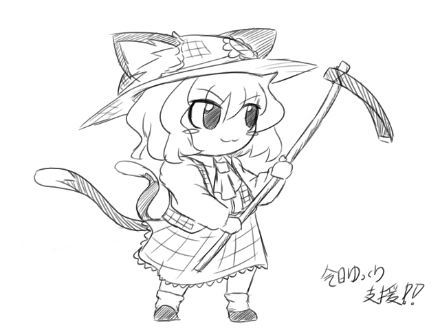 bloodycat, chen, kazami yuuka, touhou, translated, 1girl, :3, animal ears, ascot, blush stickers, cat ears, cat girl, cat tail, ears through headwear, female focus, greyscale, hat, hoe, kemonomimi mode, monochrome, plaid clothes, plaid skirt, plaid vest, short hair, skirt, skirt set, solo, straw hat, tail, vest, worktool, yukkuri shiteitte ne
