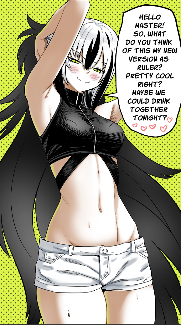 shinsaku (stan-art), nagao kagetora (fate), uesugi kenshin (second ascension) (fate), fate/grand order, fate (series), commentary, 1girl, armpits, arms up, black cloak, black hair, blush, cloak, english text, green background, green eyes, hair between eyes, heart, long hair, looking at viewer, midriff, multicolored hair, navel, polka dot, polka dot background, shorts, smile, smug, speech bubble, sweatdrop, thick thighs, thighs, very long hair, white hair, white shorts