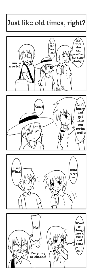 takamachi nanoha, vivio, yuuno scrya, lyrical nanoha, mahou shoujo lyrical nanoha, hard-translated, third-party edit, translated, 00s, 1boy, 2girls, comic, greyscale, monochrome, multiple girls