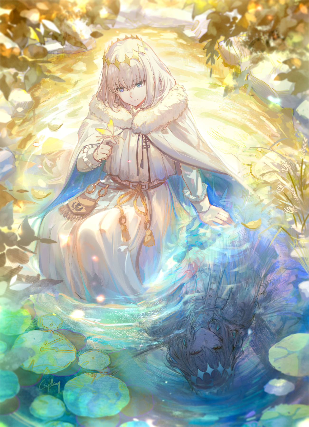 csyday, oberon (fate), oberon (second ascension) (fate), oberon (third ascension) (fate), fate/grand order, fate (series), chinese commentary, commentary request, highres, 1boy, belt pouch, blue eyes, blurry, bug, butterfly, butterfly on hand, cape, closed mouth, crown, depth of field, different reflection, dual persona, fur-trimmed cape, fur trim, hair between eyes, insect, jacket, leaf, lily pad, long sleeves, looking at animal, medium hair, outdoors, partially submerged, pond, pouch, reflection, robe, rock, signature, sitting, sleeve cuffs, smile, water, white cape, white hair, white jacket, white robe, yellow butterfly