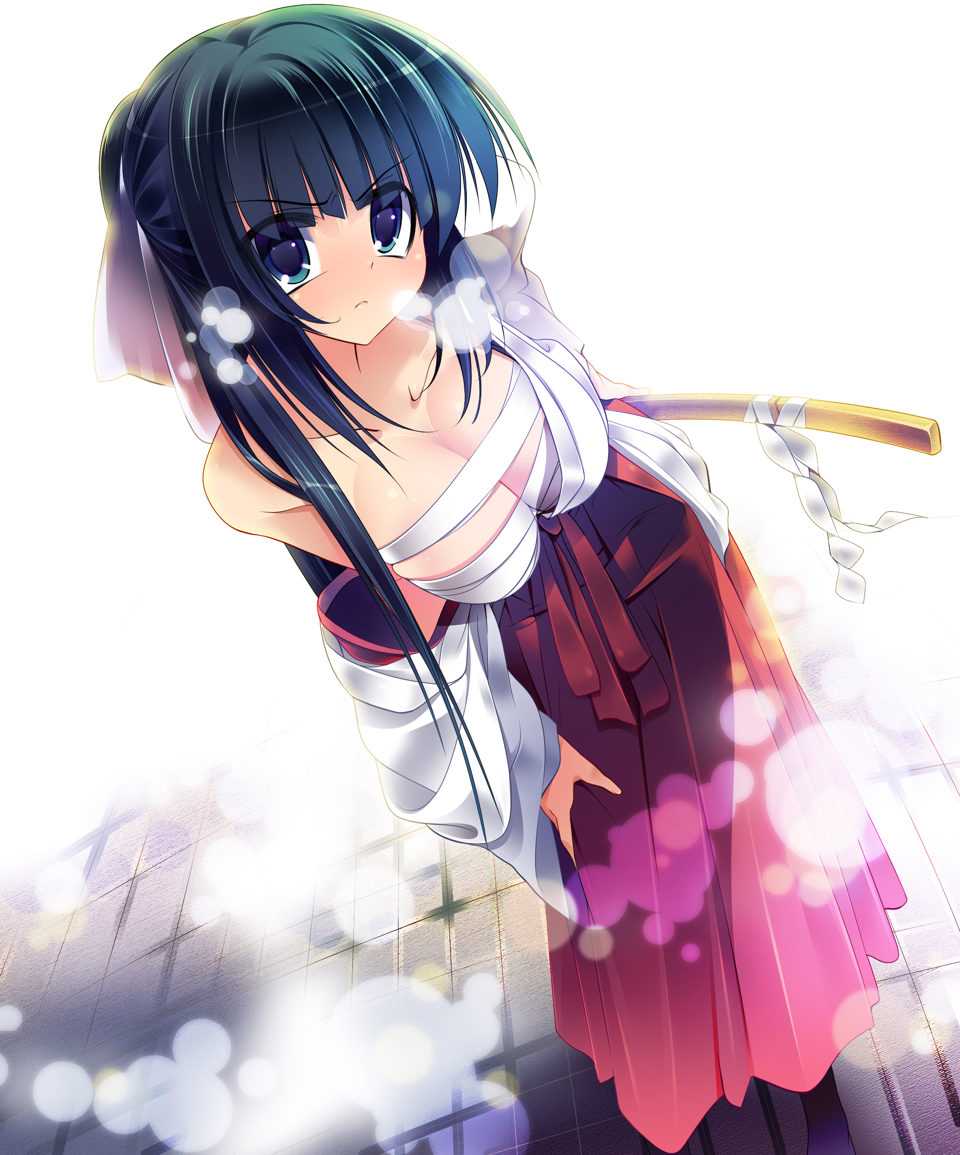 dragonmaterial, original, highres, 1girl, angry, bandages, breasts, cleavage, female focus, large breasts, leaning forward, sarashi, solo