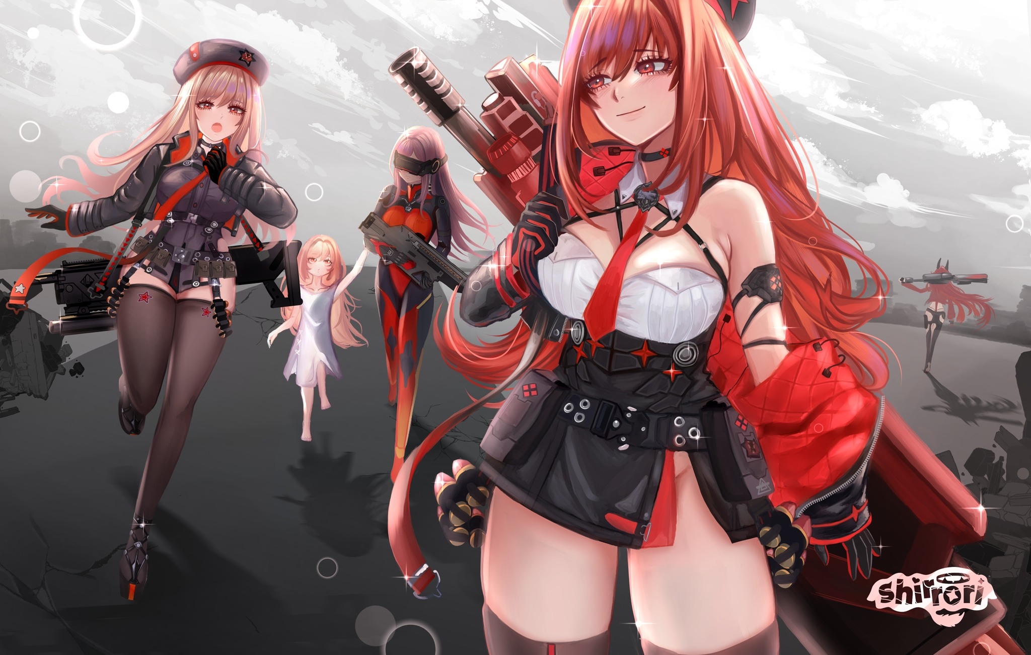 rapi (mass produced) (nikke), rapi (nikke), rapi (red hood) (nikke), rapi (young) (nikke), red hood (nikke), goddess of victory: nikke, naruto (series), highres, 5girls, black jacket, bodysuit, brown hair, gun, hat, holding, holding gun, holding weapon, hospital gown, jacket, looking at another, military hat, military uniform, monochrome background, multiple girls, multiple persona, open clothes, open jacket, red hair, rifle, running, shirrori, thighhighs, thighs, weapon
