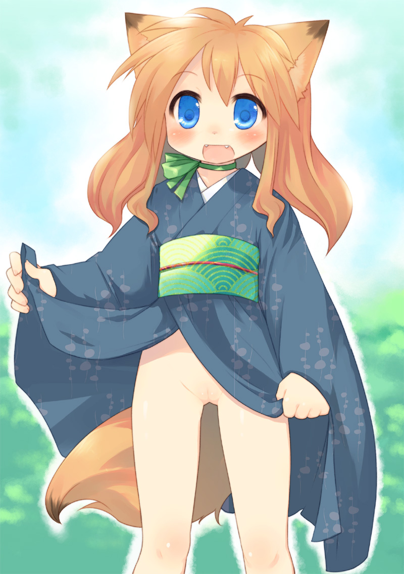 toba hiyoko, original, bad id, bad pixiv id, 1girl, :d, animal ears, blue eyes, bottomless, brown hair, cleft of venus, clothes lift, collar, dog ears, fang, fangs, female focus, japanese clothes, kimono, kimono lift, lifting own clothes, loli, no panties, open mouth, short hair, smile, solo, tail, wolf ears, wolf tail, yukata