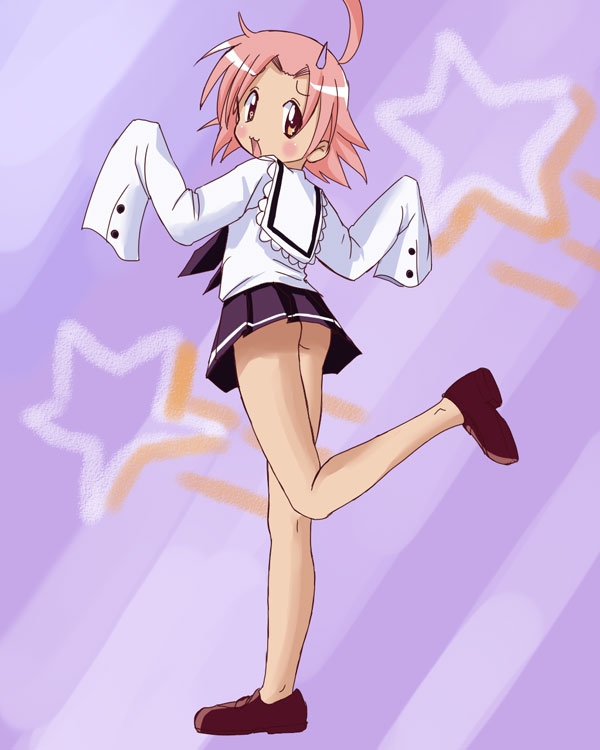 kanakana, kogami akira, lucky star, 00s, :3, antenna hair, ass, blush, loli, looking back, lucky channel, no panties, pink hair, sweatdrop, upskirt