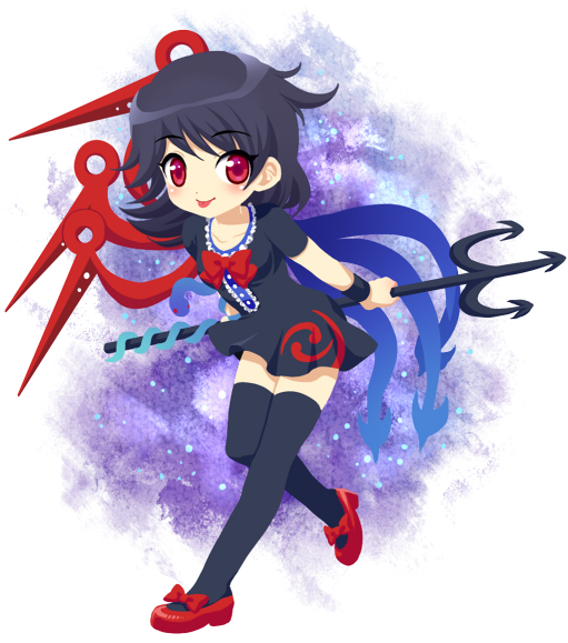 mochiya marosuke, houjuu nue, touhou, 1girl, :p, black hair, black thighhighs, dress, female focus, full body, polearm, red eyes, short hair, snake, solo, spear, thighhighs, tongue, tongue out, trident, weapon, wings, zettai ryouiki