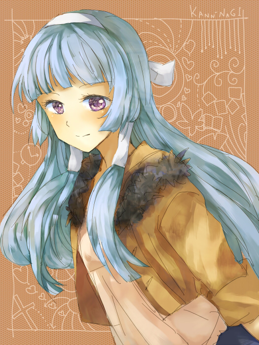 kutsushita, kutsushita (tokati r), nagi, kannagi, bad id, bad pixiv id, 00s, 1girl, blue hair, blunt bangs, blush, casual, female focus, hair tubes, hairband, long hair, purple eyes, sleeves rolled up, smile, solo