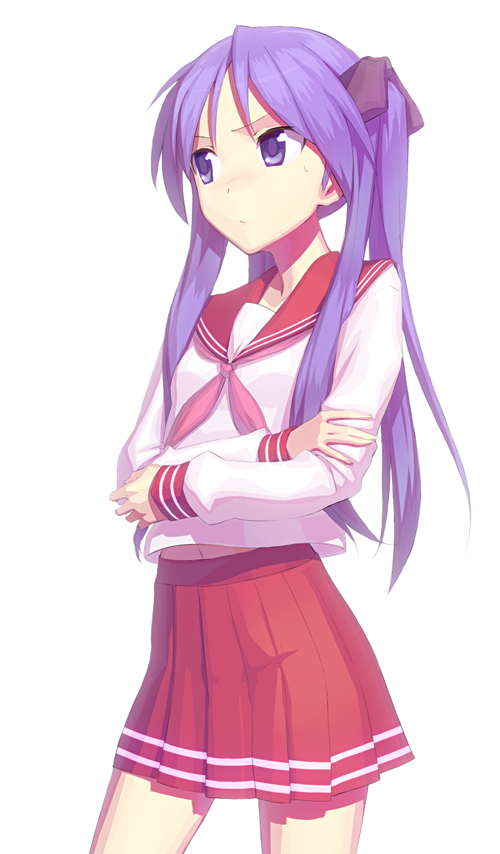 fondolger, hiiragi kagami, lucky star, bad id, bad pixiv id, 00s, 1girl, blush, crossed arms, female focus, fondoler, frown, hair ribbon, long hair, midriff, navel, purple eyes, purple hair, ribbon, school uniform, serafuku, solo, sweat, tsurime, twintails