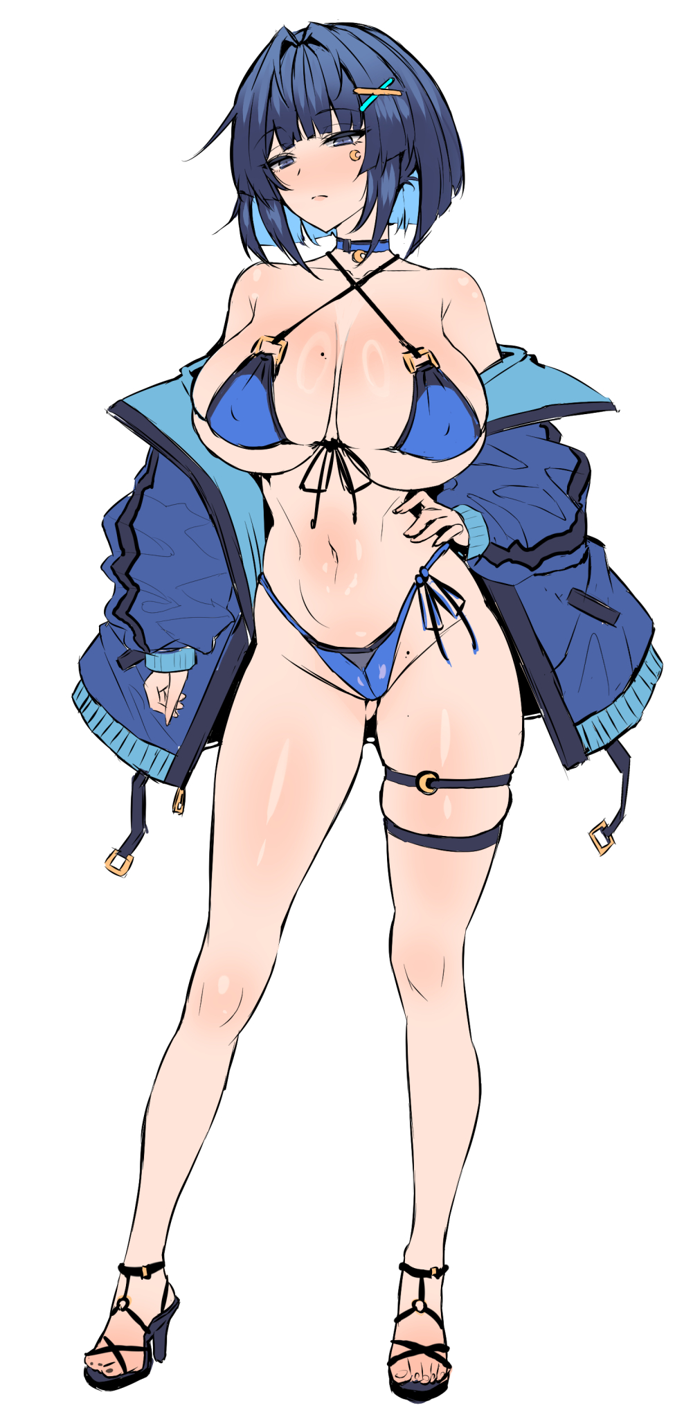 wakura (gcdan), original, commentary request, highres, 1girl, bikini, bikini under clothes, blue hair, breasts, choker, colored inner hair, covered erect nipples, expressionless, facial mark, hair ornament, hand on own hip, high heels, jacket, micro bikini, mole, mole on breast, multicolored hair, open clothes, open jacket, short hair, solo, swimsuit, thigh strap, white background, x hair ornament